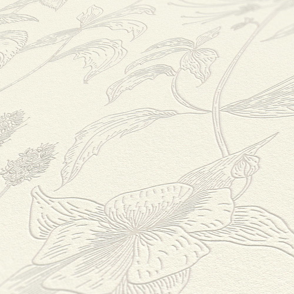             Papel pintado no tejido con motivo floral y acento metálico - beige, plata, blanco
        