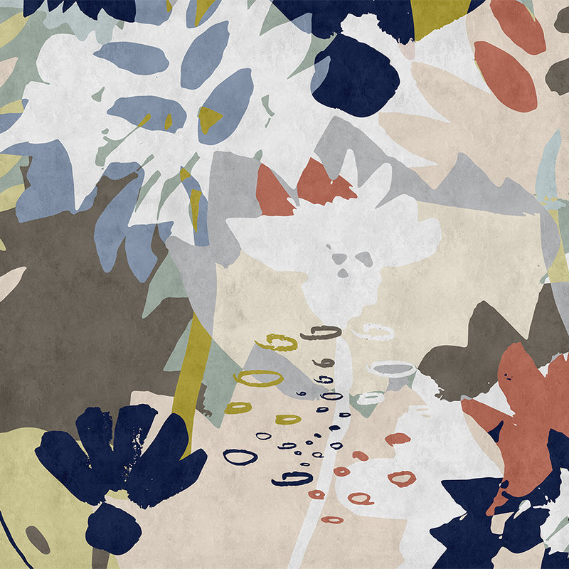 Floral Collage 4 - Digital behang met kleurrijk bladmotief - Blotting paper structuur - Blauw, Bruin | Pearl glad non-woven
