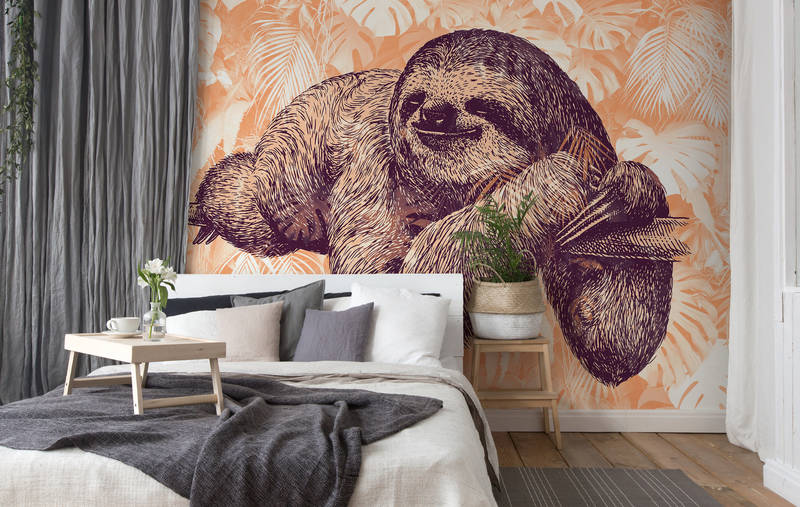             Sloth mural with tropical leaves pattern - orange, white, black
        