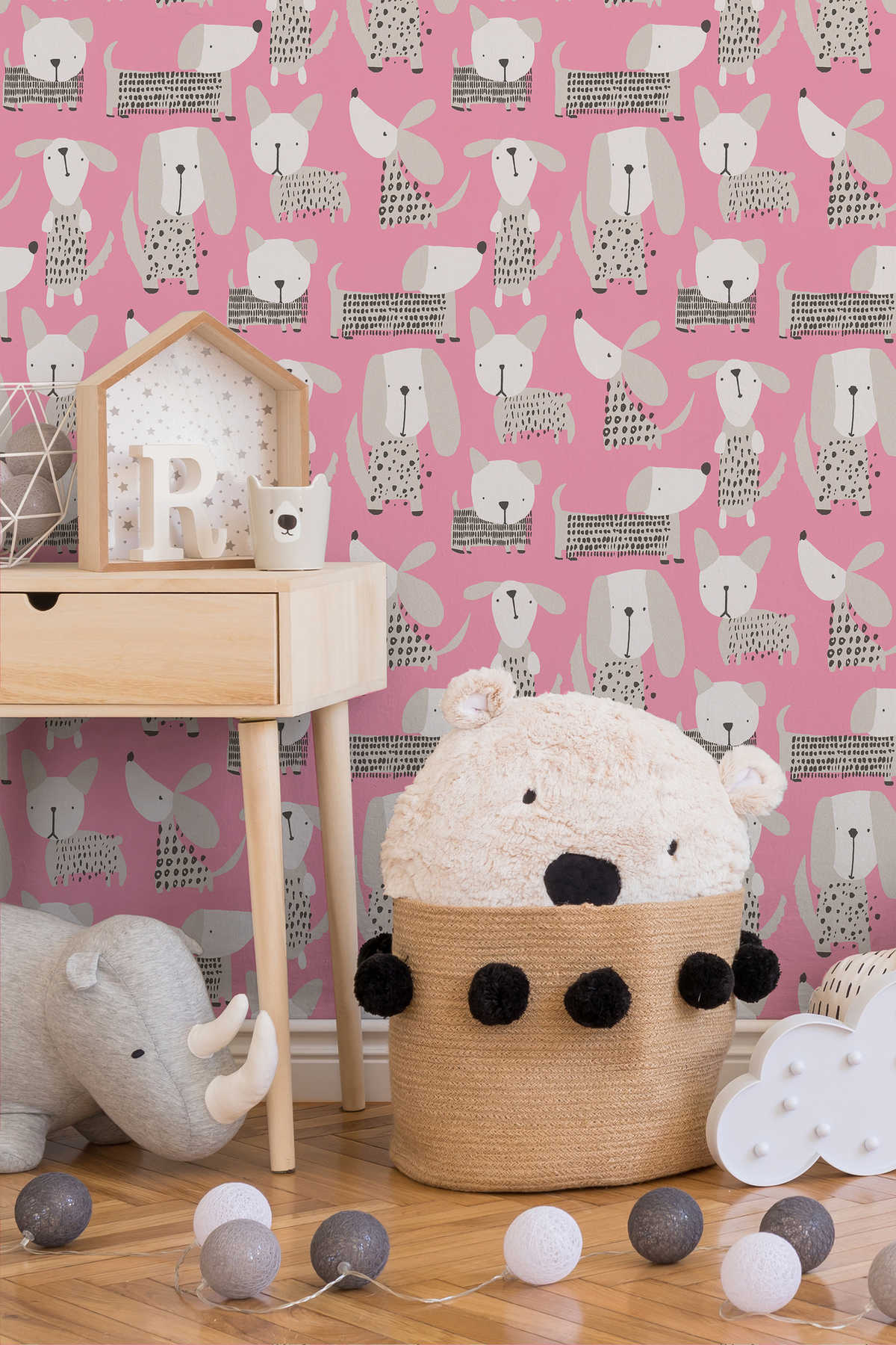             Dog wallpaper in cartoon style for Nursery - pink, white
        