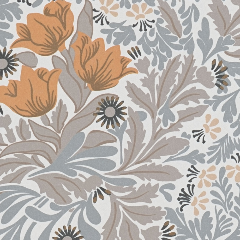             Wallpaper with flowers and leaf tendrils - blue, orange, beige
        