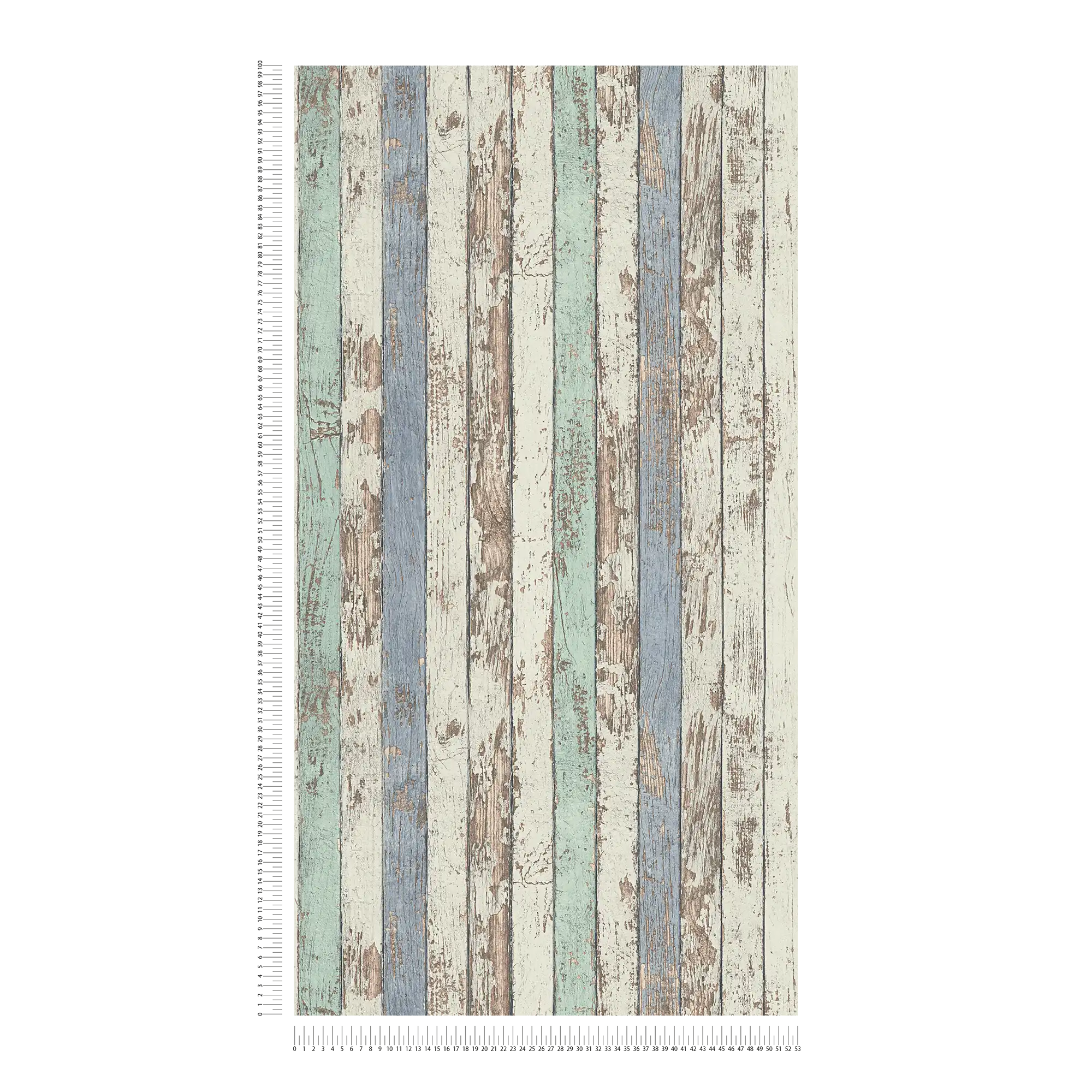            Wooden wallpaper with colourful board motif in shabby chic style - white, brown, blue
        