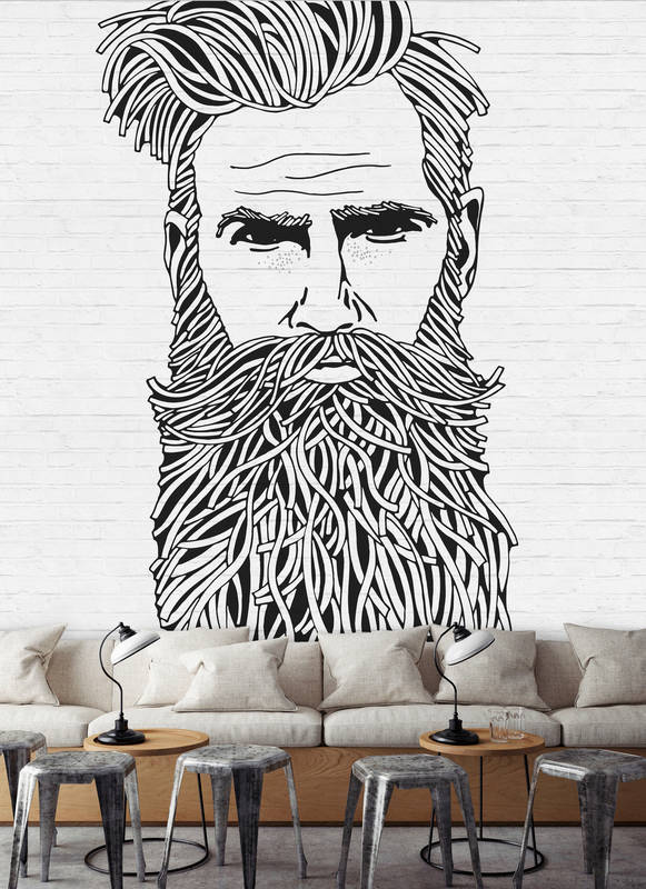             White stone look mural with men portrait in drawing style
        