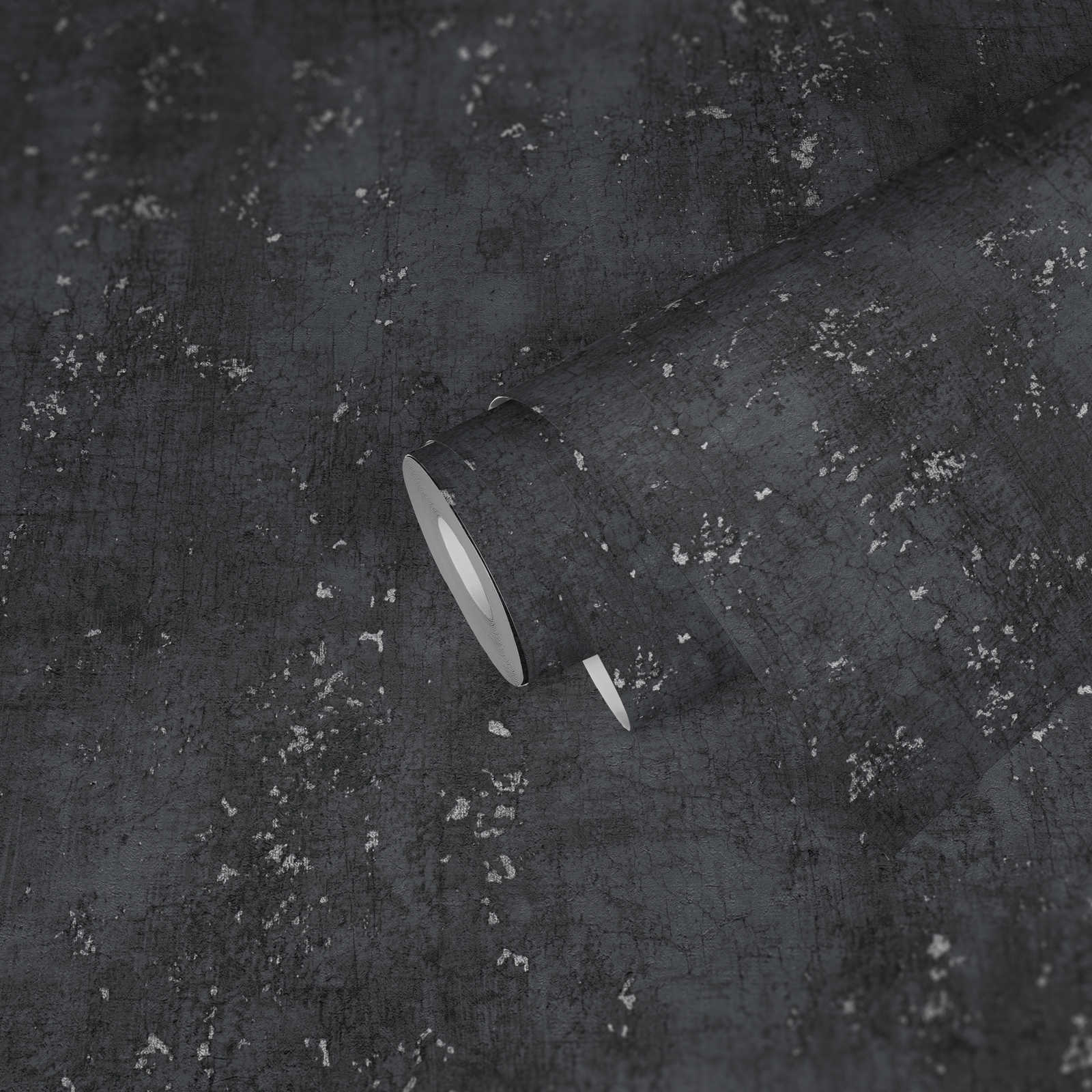             Papel pintado antracita aspecto de yeso con craquelado plateado - gris, metálico, negro
        