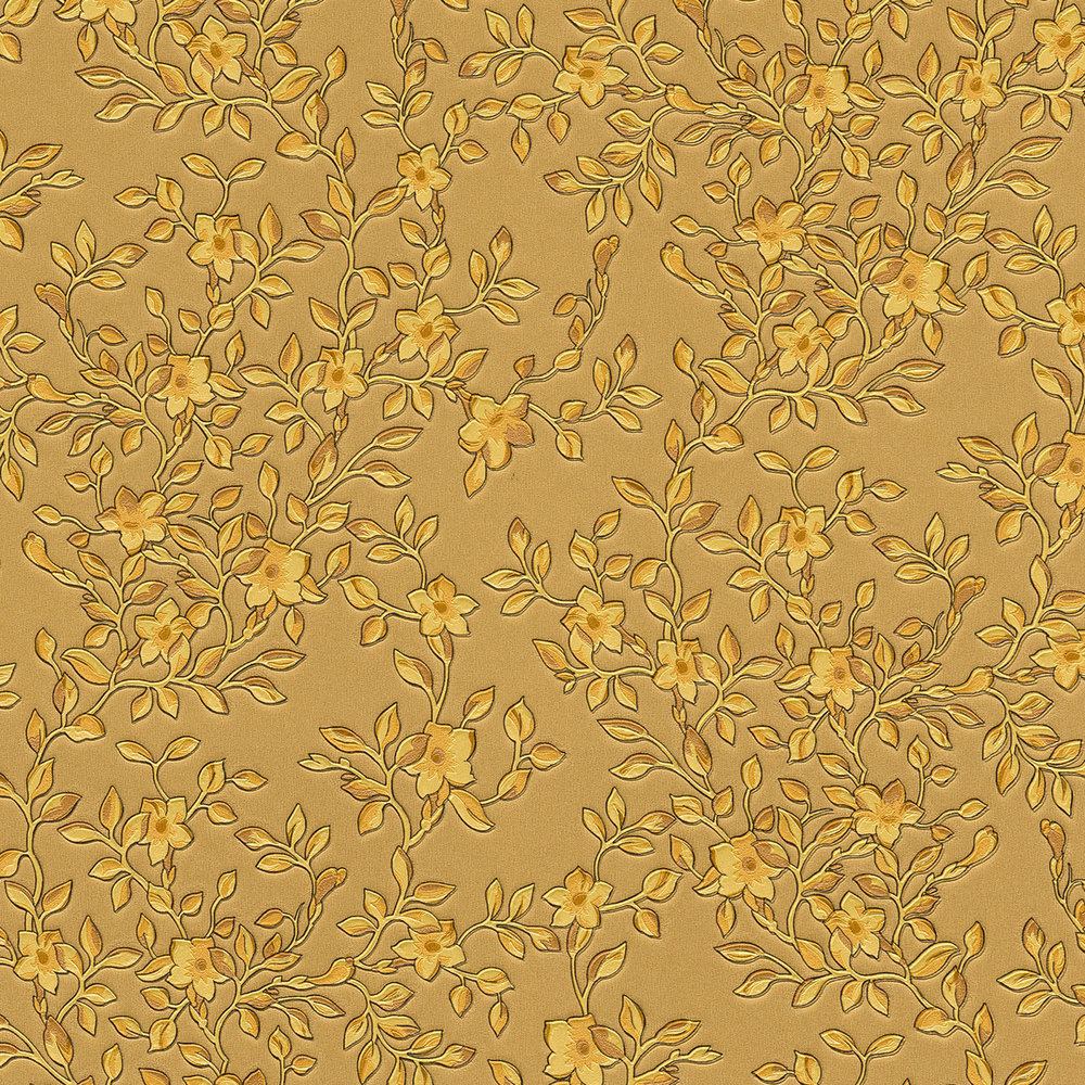             Papel pintado floral dorado de VERSACE con color metálico
        