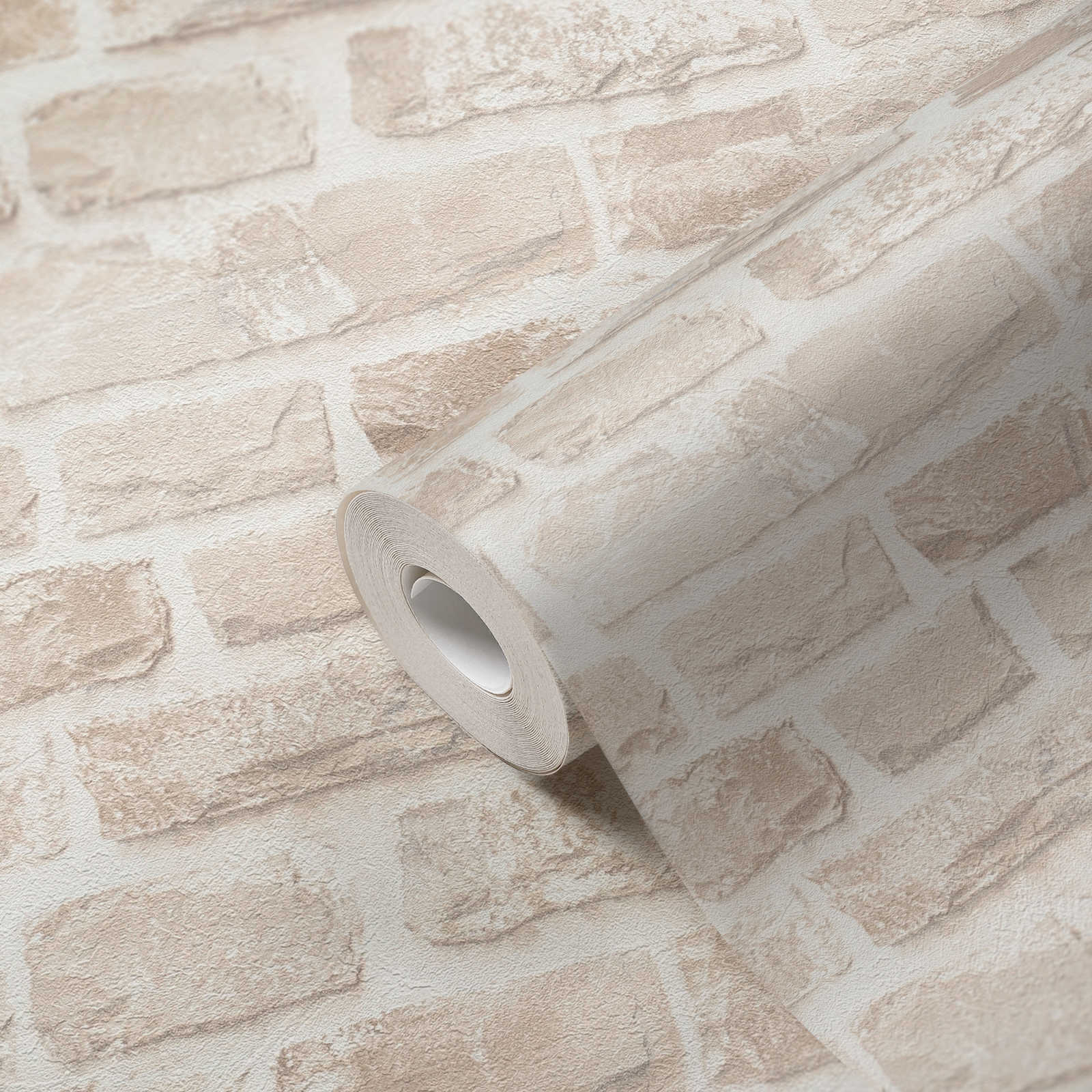             Non-woven wallpaper with stone look PVC-free - beige, white
        