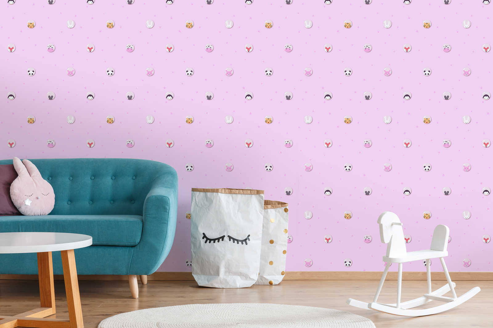             Chambre enfants filles Papier peint animaux & étoiles - rose, blanc, jaune
        