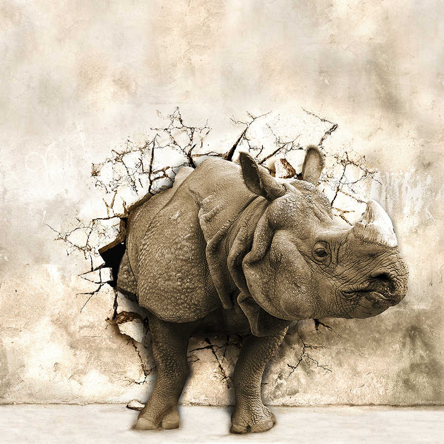 Motivo animale murale rinoceronte nella parete su vello liscio in madreperla
