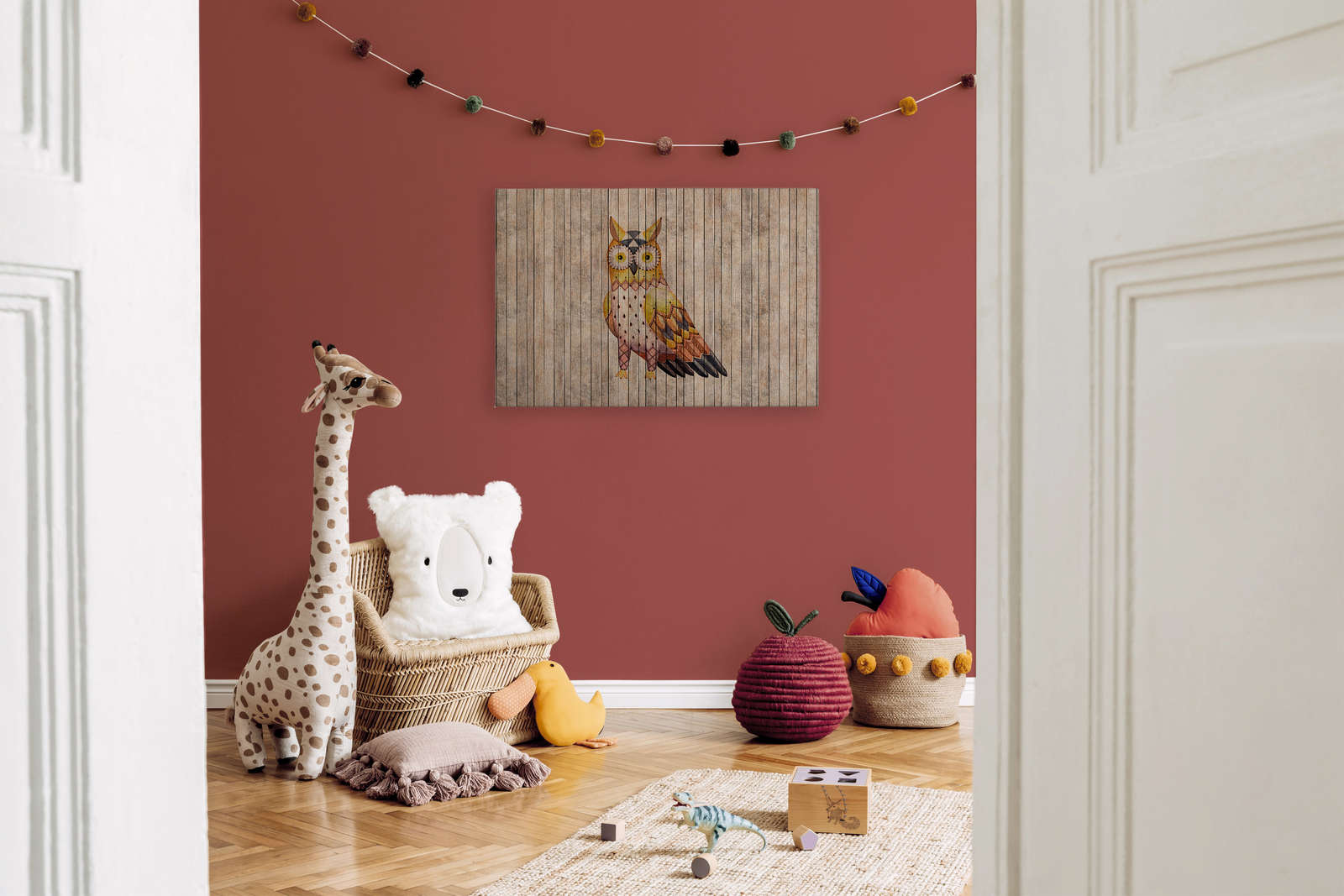             Fairy tale 1 - Wooden board wall with owl canvas picture - 0.90 m x 0.60 m
        