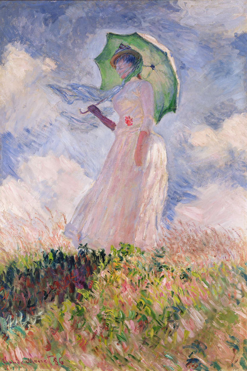             Muurschildering "Vrouw met parasol naar links" van Claude Monet
        