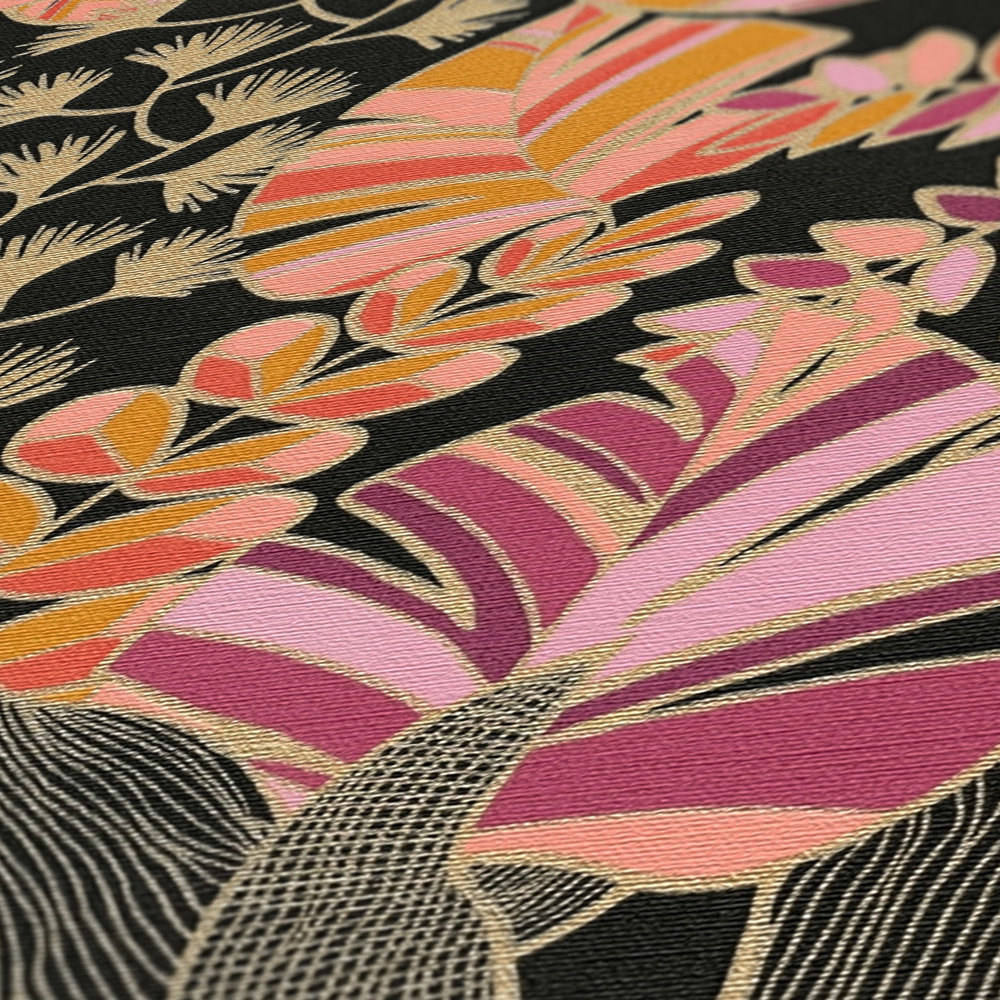             Papel pintado no tejido de estilo llamativo con grandes hojas - negro, rosa, naranja
        