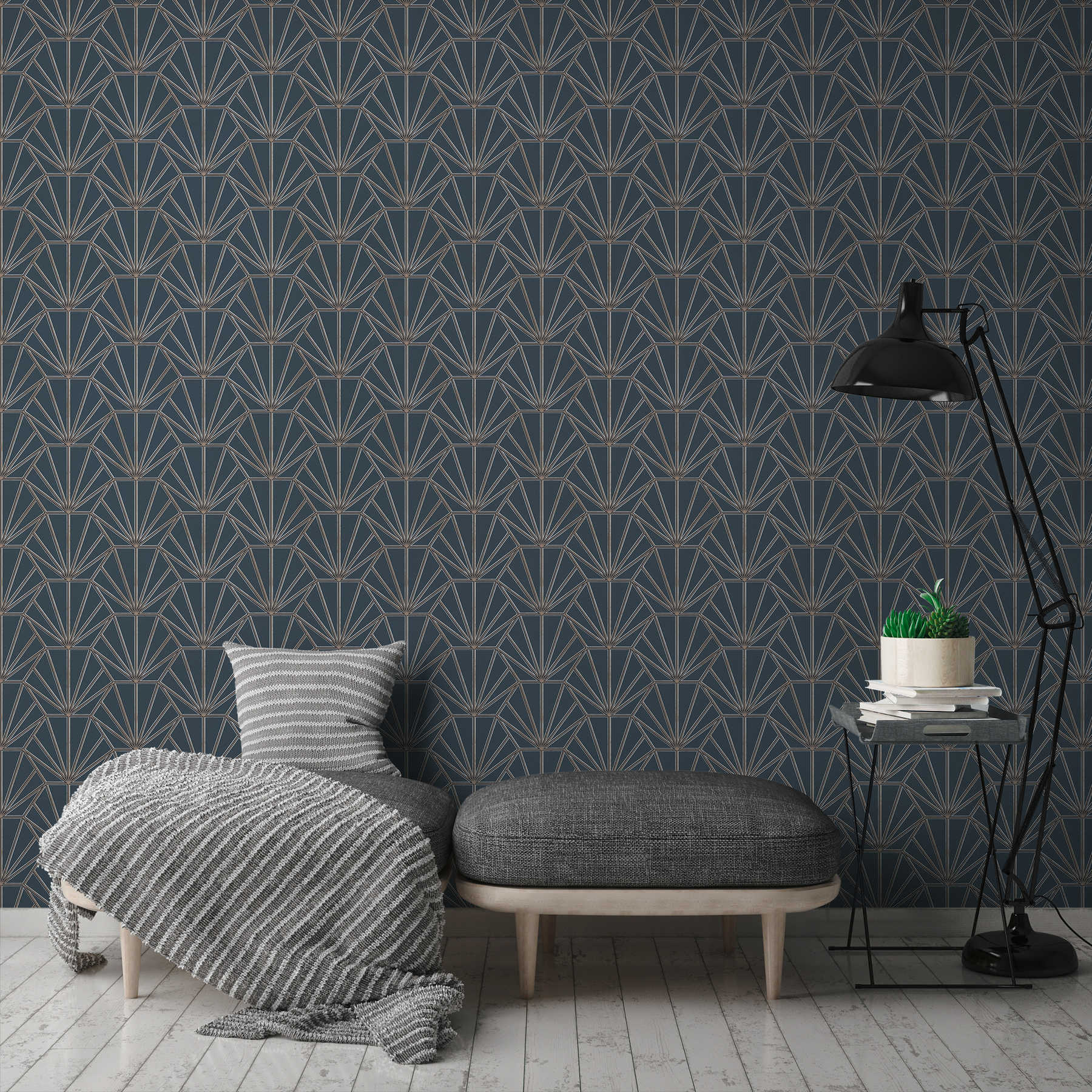             Wallpaper art deco pattern and line motif - blue, gold, black
        