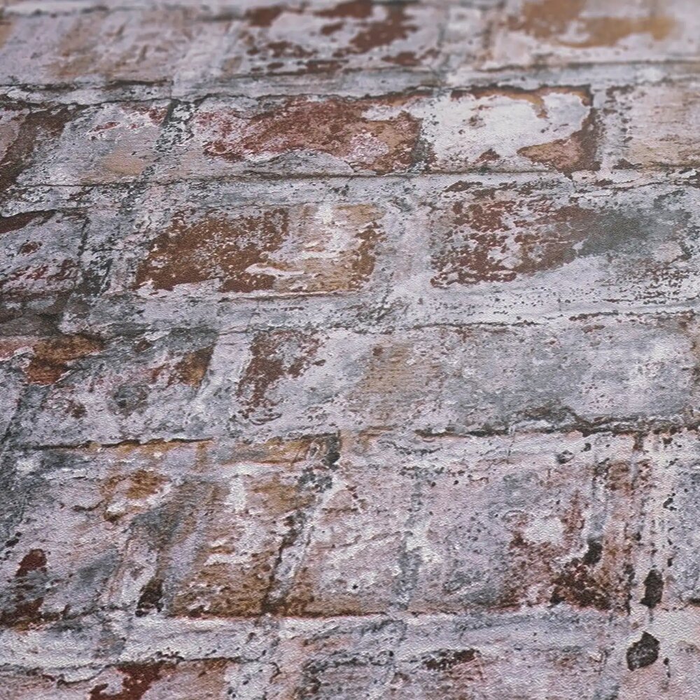             Papel pintado no tejido con aspecto de ladrillo en diseño de mampostería - gris, óxido, blanco
        