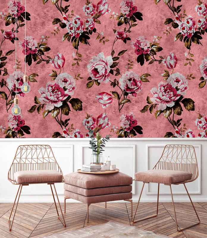             Wild roses 4 - Roses photo wallpaper in retro look, pink in scratchy structure - Pink, Red | Matt smooth fleece
        