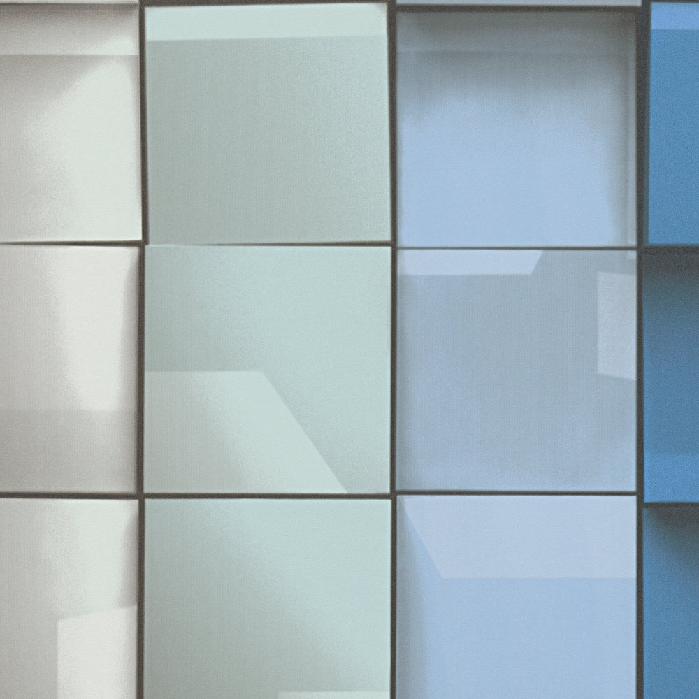             3D wallpaper with cuboid motif - blue, grey, green
        