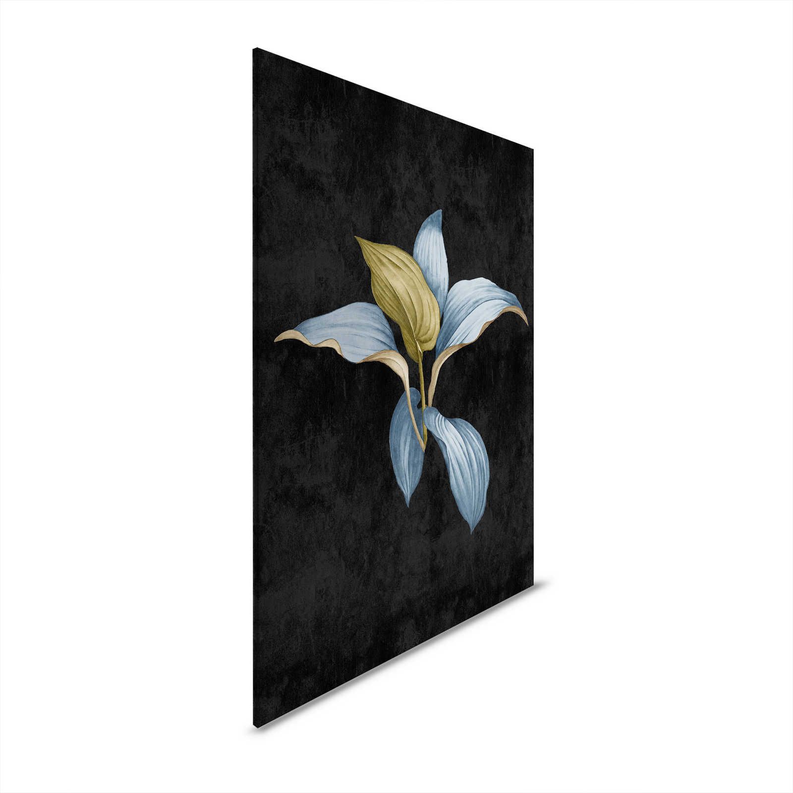 Fiji 3 - Quadro su tela scura con disegno botanico in blu e verde - 0,80 m x 1,20 m
