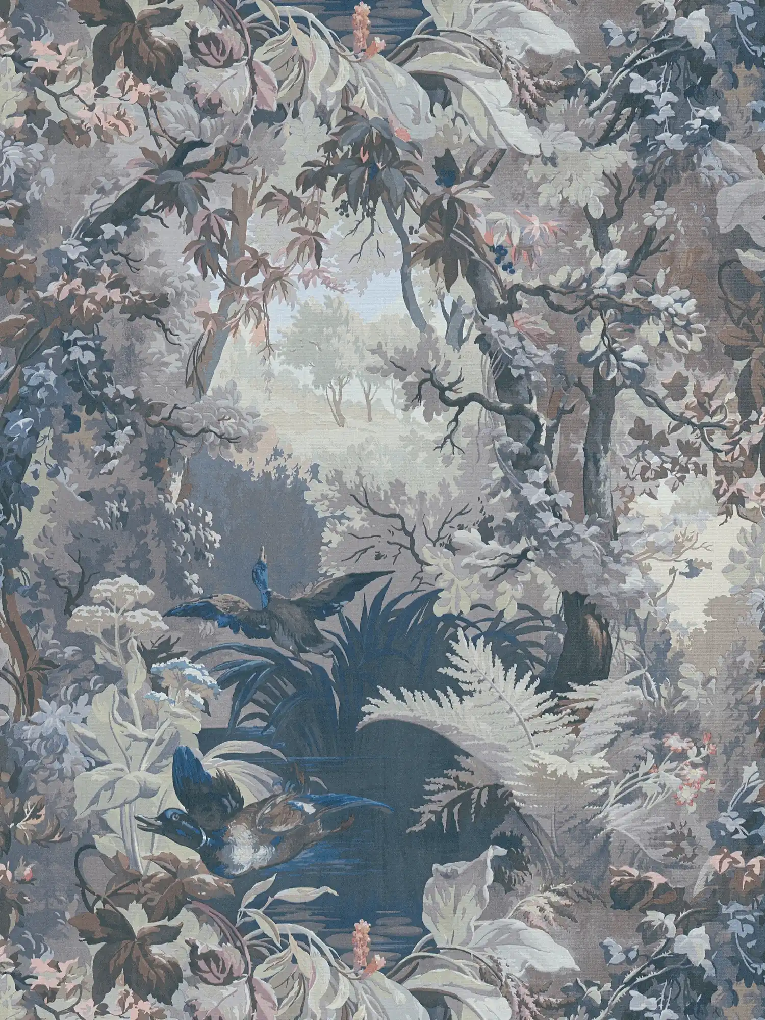 Papier peint intissé motif forêt, héron & fourrés de feuilles - vert, bleu, blanc
