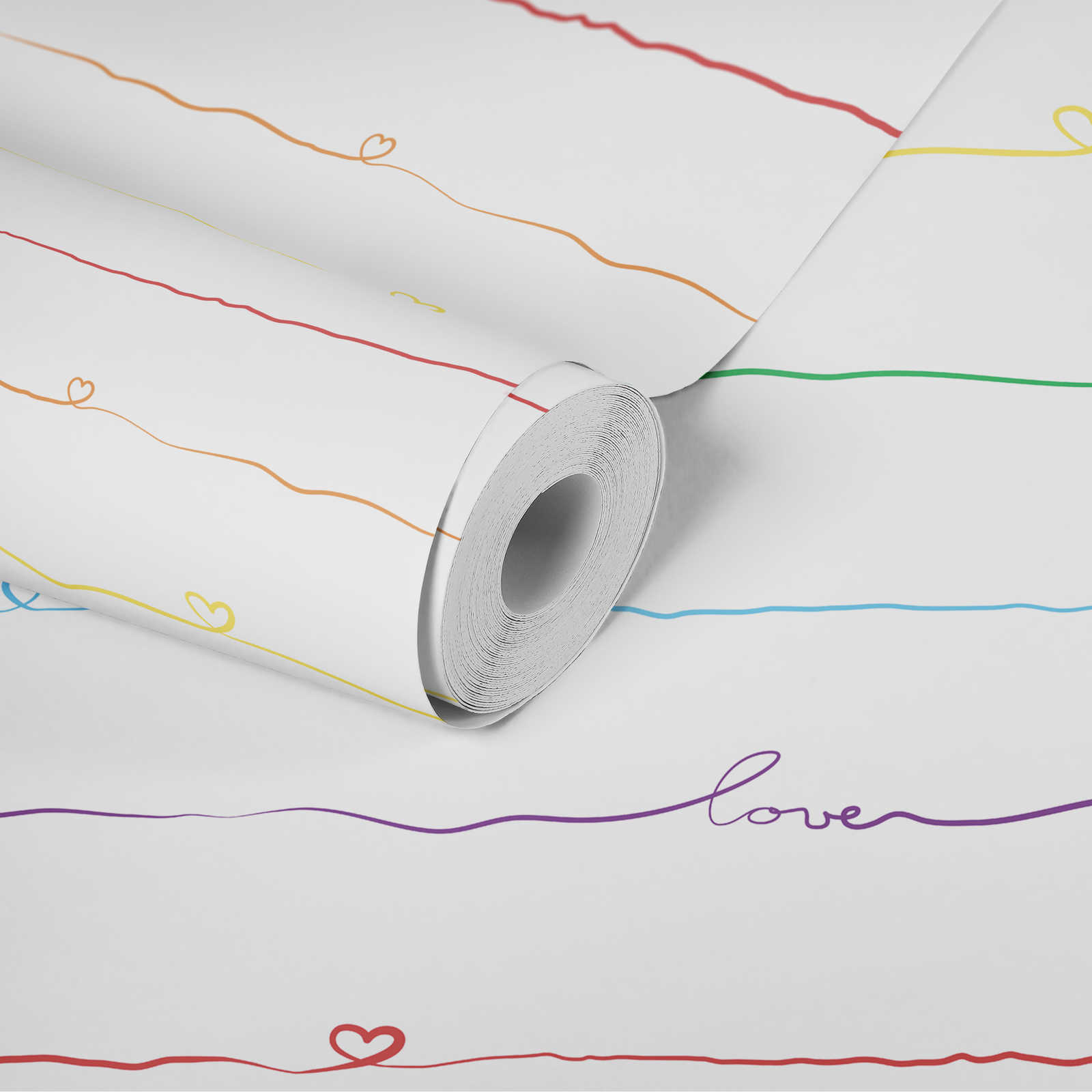             Papier peint rayé pour chambre d'enfant avec coeur - multicolore, blanc, rouge
        