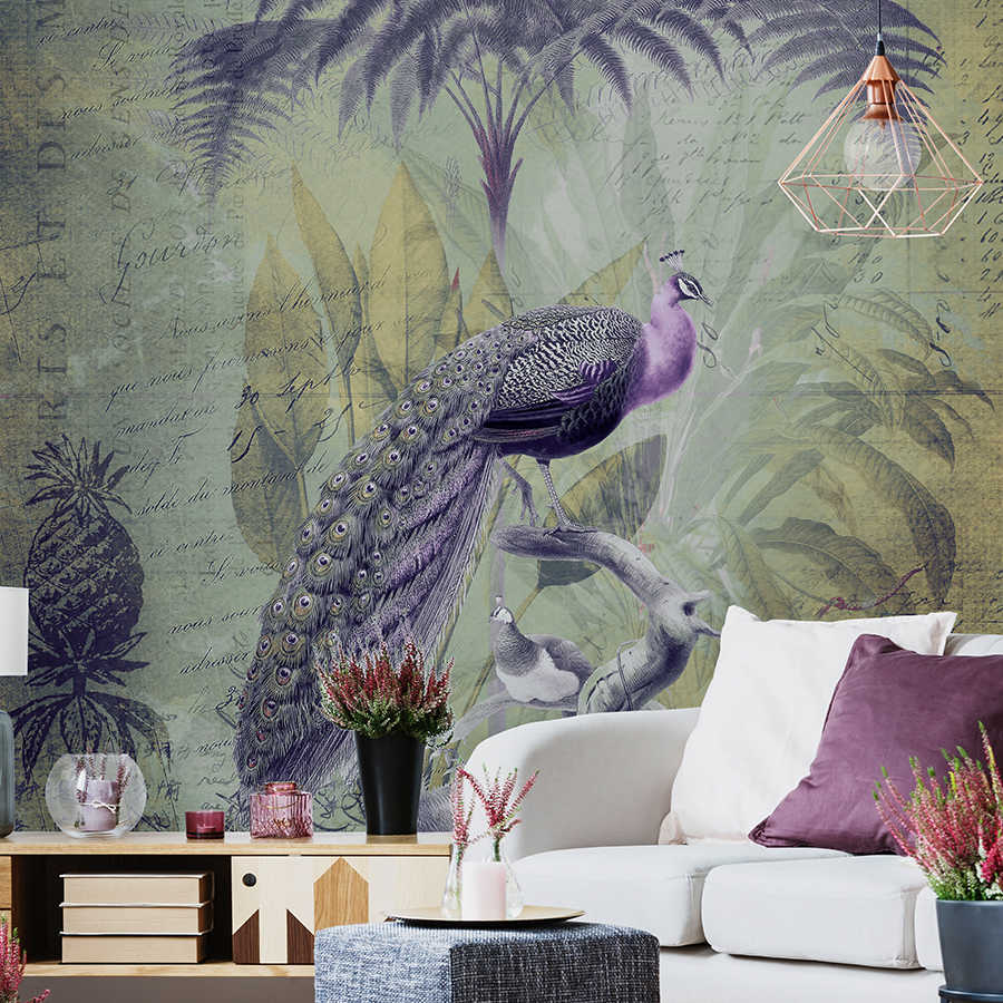         Vintage mural botany print style with purple peacock
    