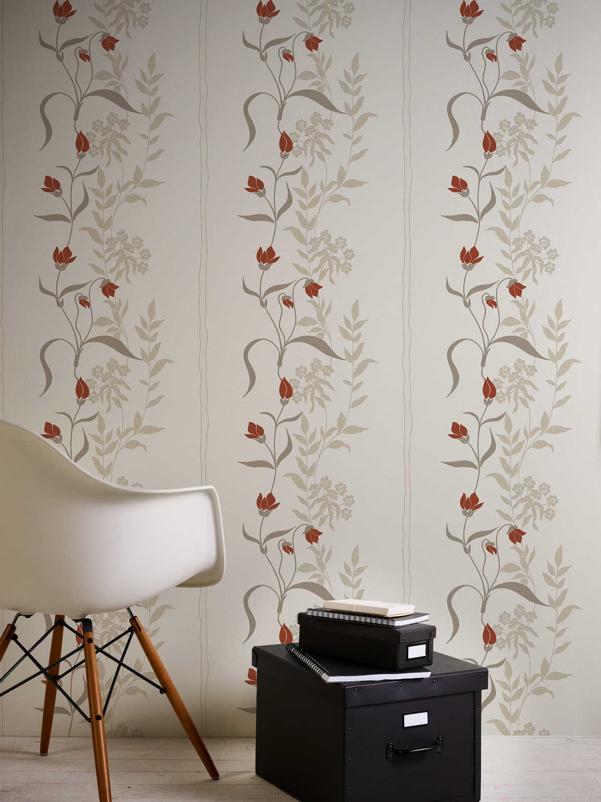             Papel pintado de salón con zarcillos de flores - beige, marrón, rojo
        
