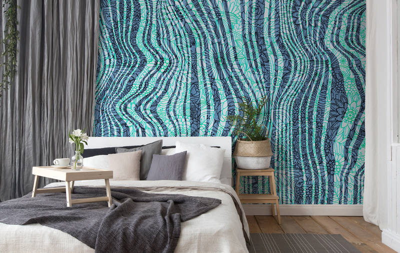             Mural de pared de diseño de garabatos, patrón de línea abstracta - azul, verde, negro
        