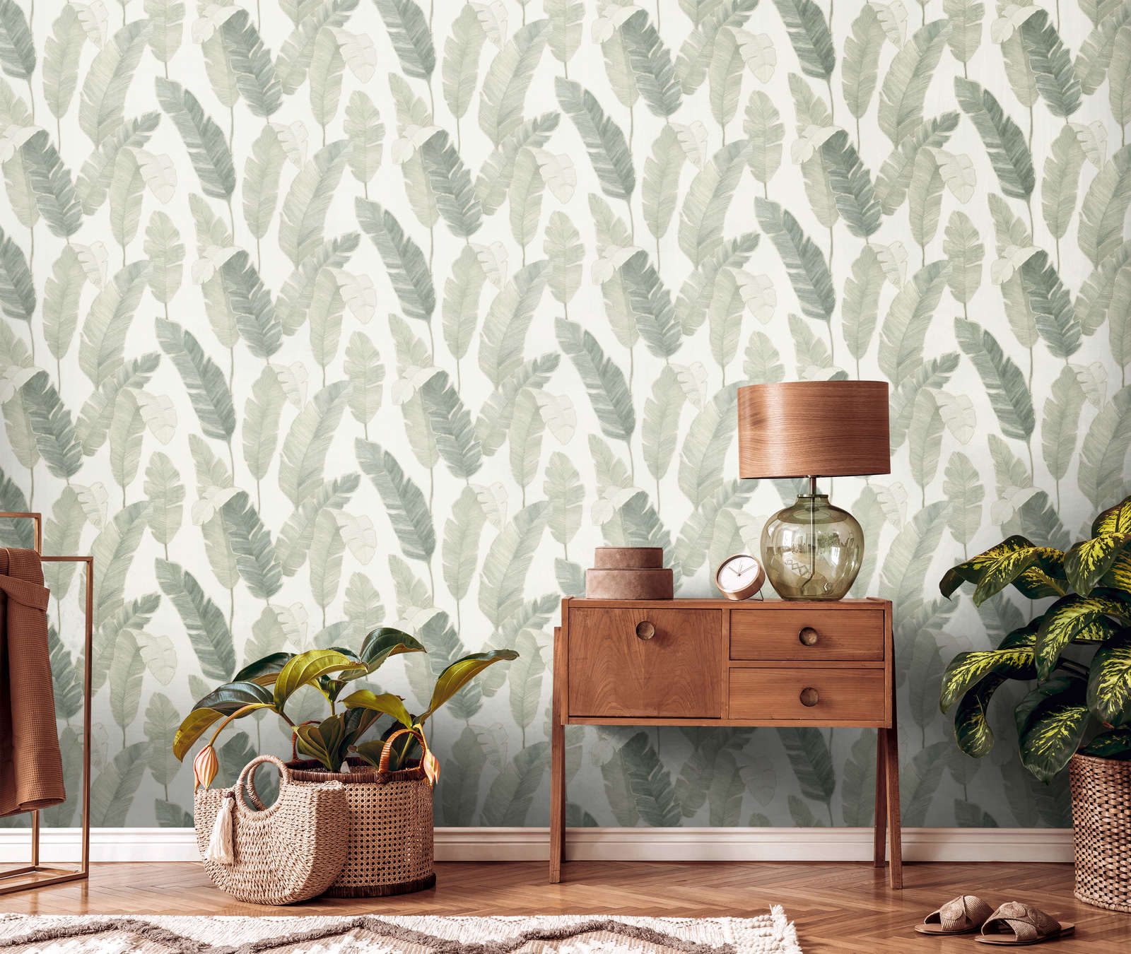             Non-woven wallpaper with palm leaves in light colour - white, green, blue
        