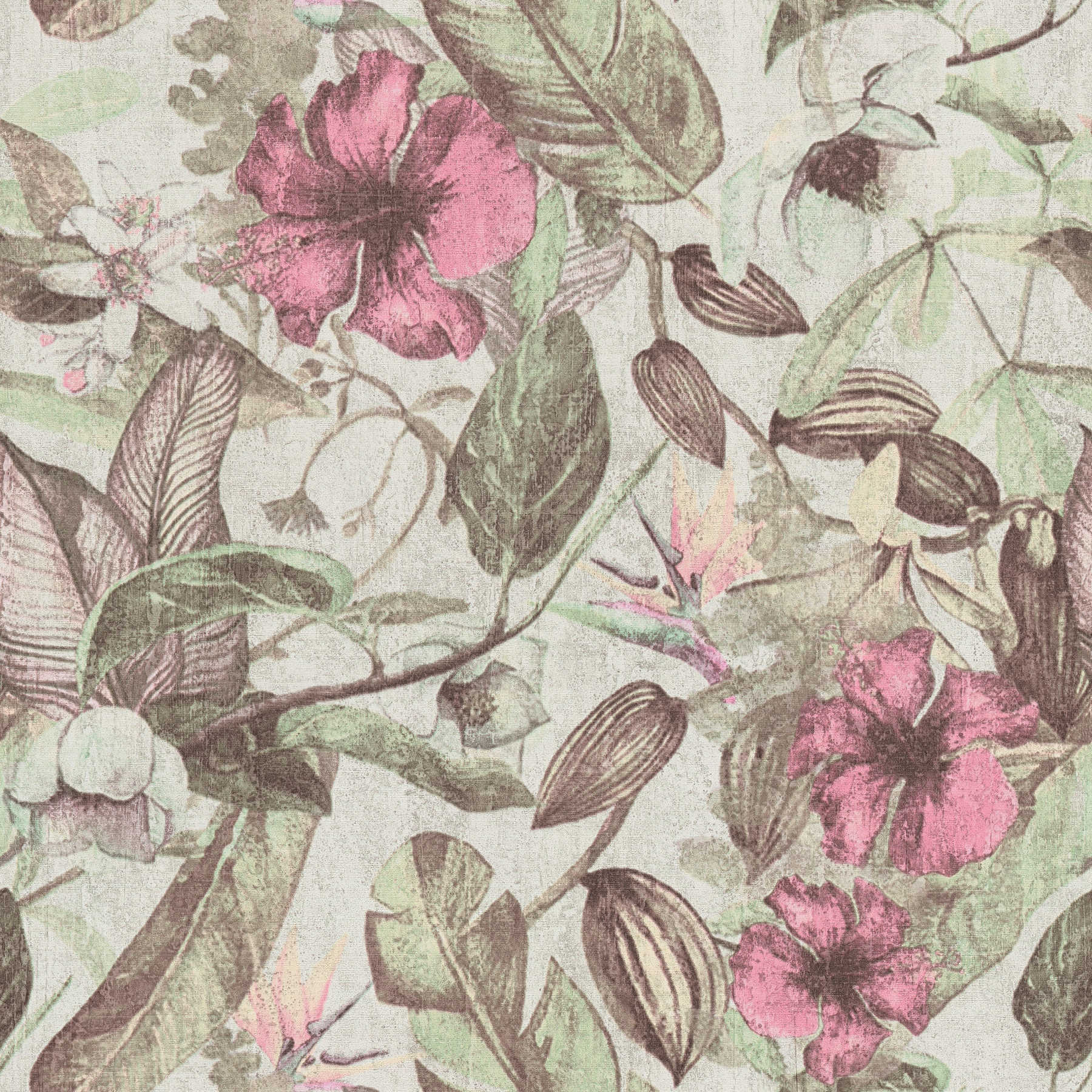 papel pintado con motivos florales, estilo tropical y aspecto textil - rosa, verde, marrón

