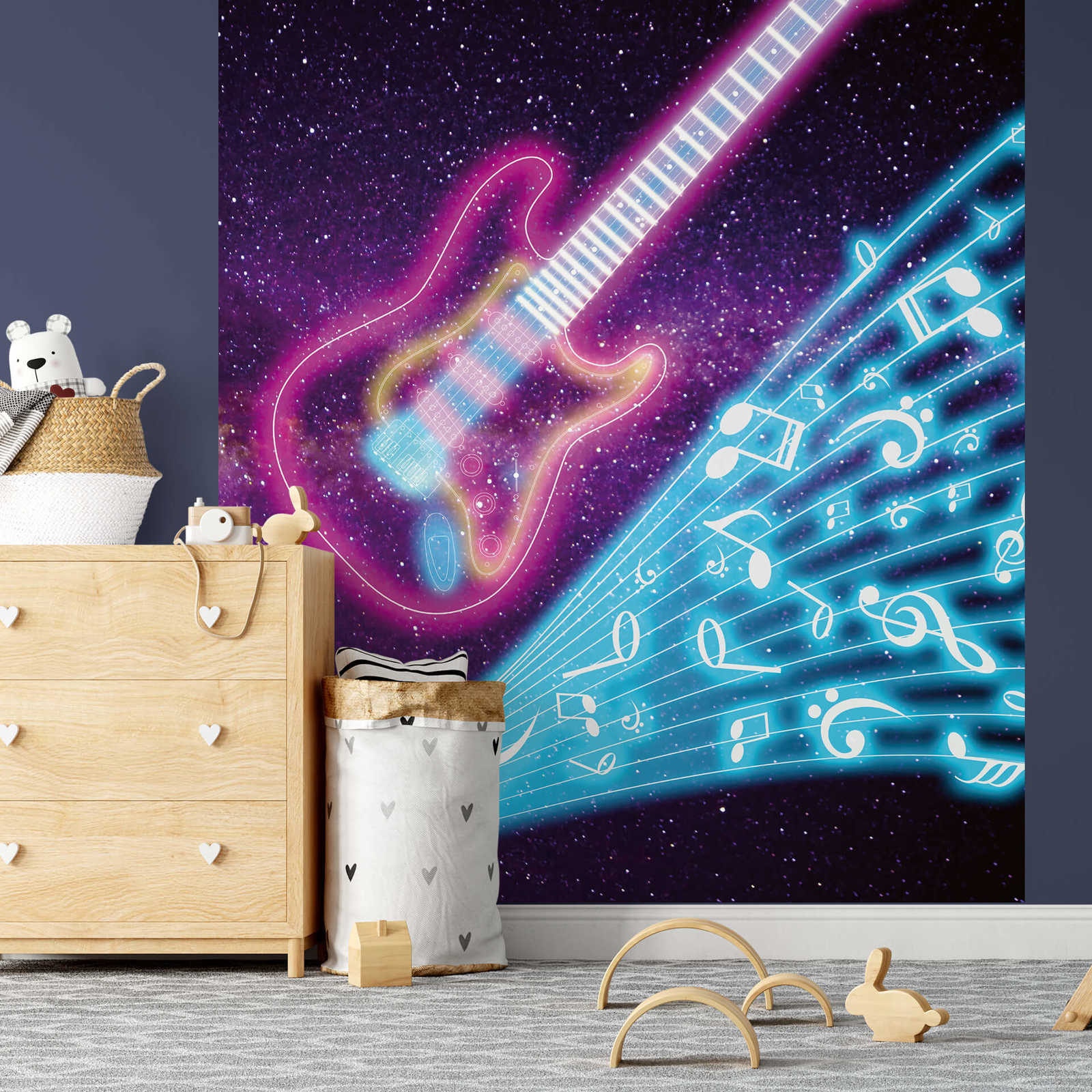             Music mural with neon design & space background
        