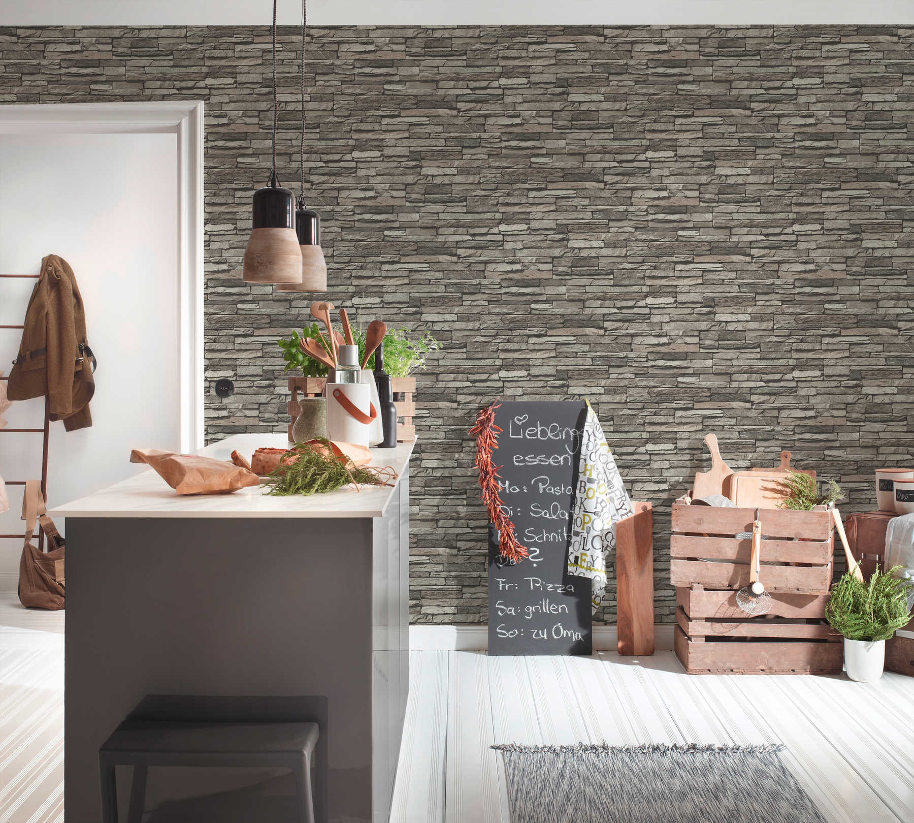             3D wallpaper with light grey stone wall motif - grey, cream, black
        