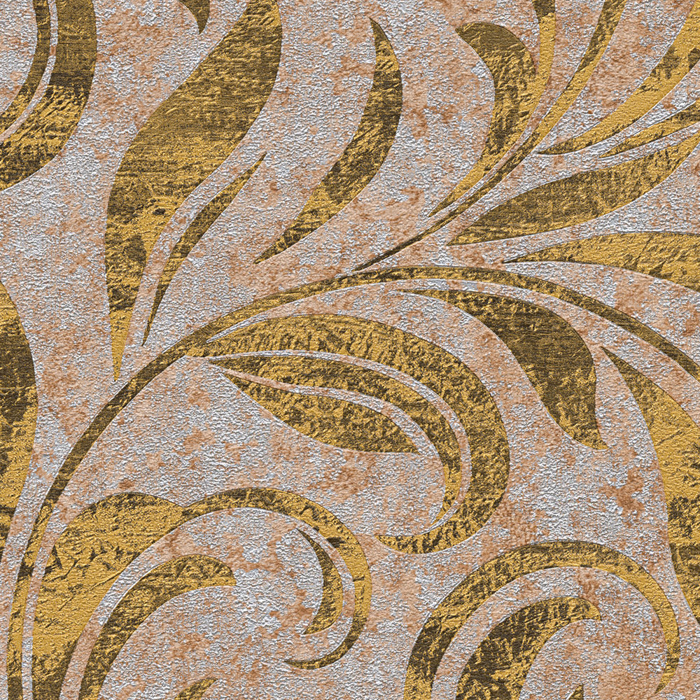             Pattern wallpaper leaf motif in used look - brown, metallic
        