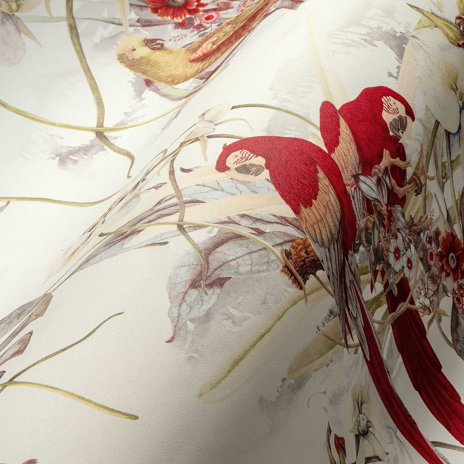             Behang tropisch ontwerp, papegaai & exotische bloemen - wit, rood
        