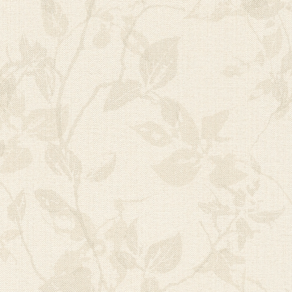             Papel pintado de lino con motivo de hojas en estilo campestre - beige
        