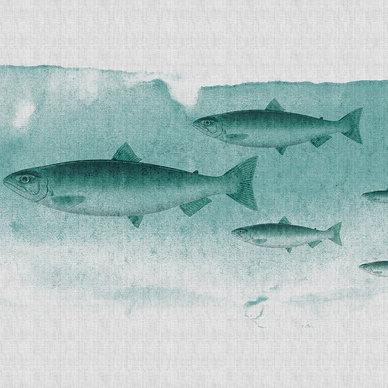 Into the blue 2 - Fish watercolour in green as photo wallpaper - natural linen structure - grey, green | structure non-woven
