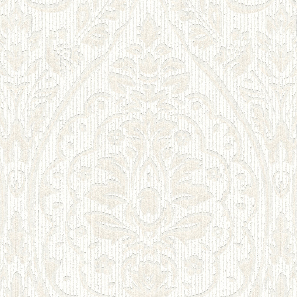             Textured wallpaper with floral ornament pattern in colonial style - white
        