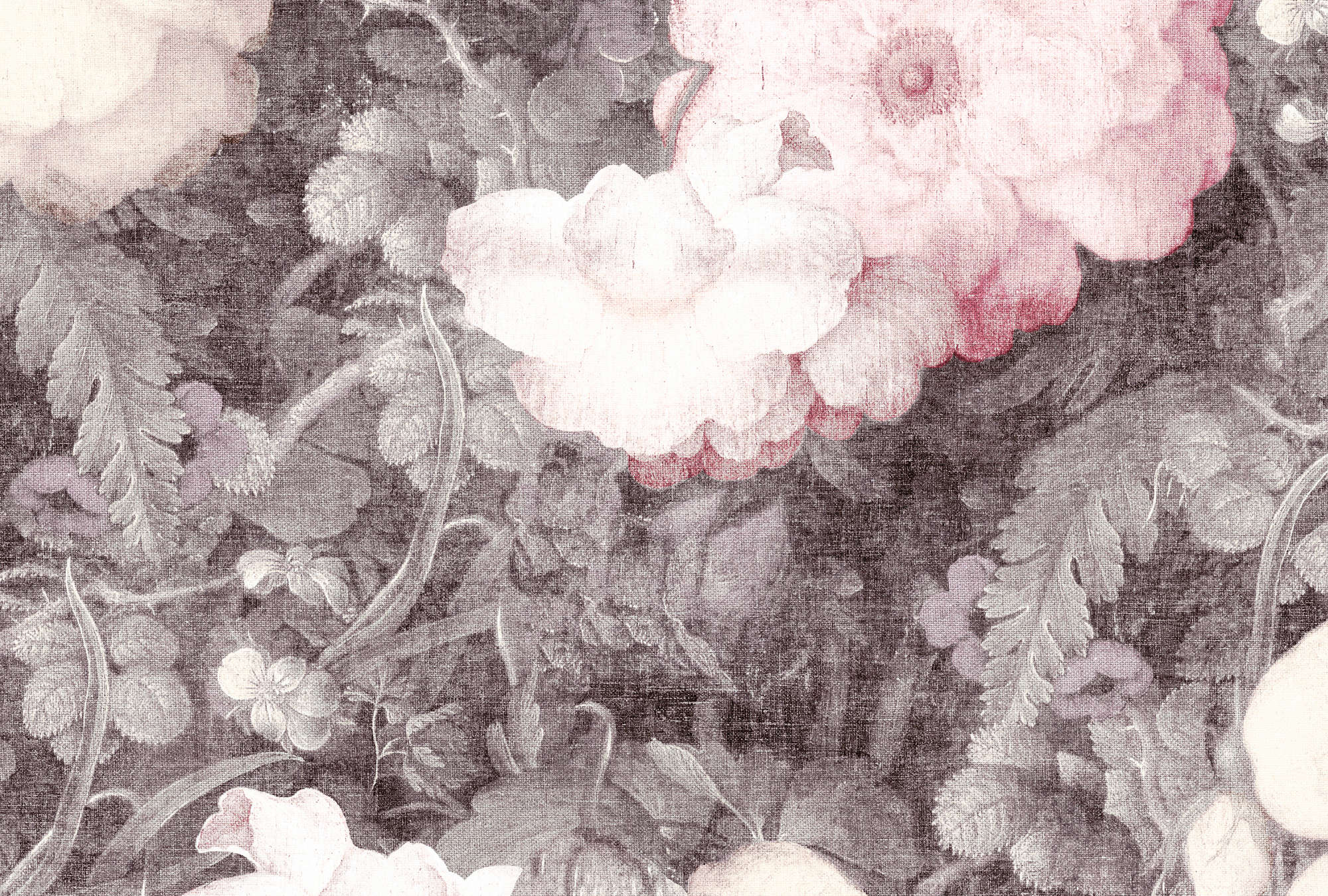             Papel Pintado Floral Vintage y Lino - Rosa, Gris
        