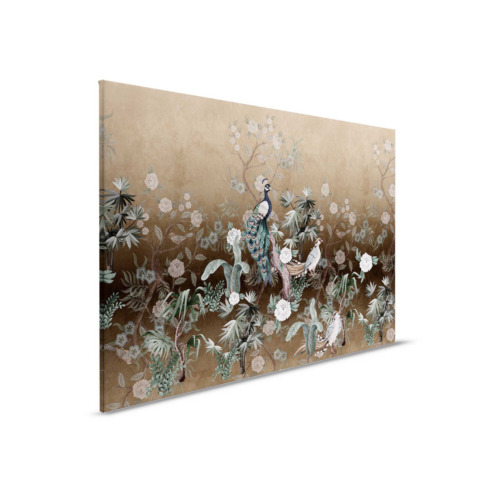 Peacock Island 2 - Canvas painting Peacock garden with flowers in beige - 0,90 m x 0,60 m
