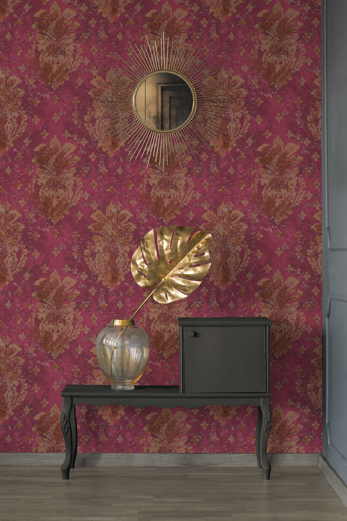             Wijnrood behang met Boho stijl ornamenten - metallic, rood
        