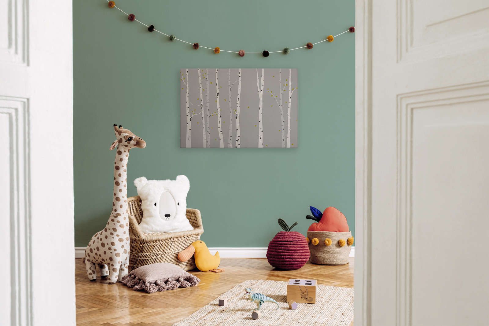             Tela con bosco di betulle dipinto per la camera dei bambini - 90 cm x 60 cm
        