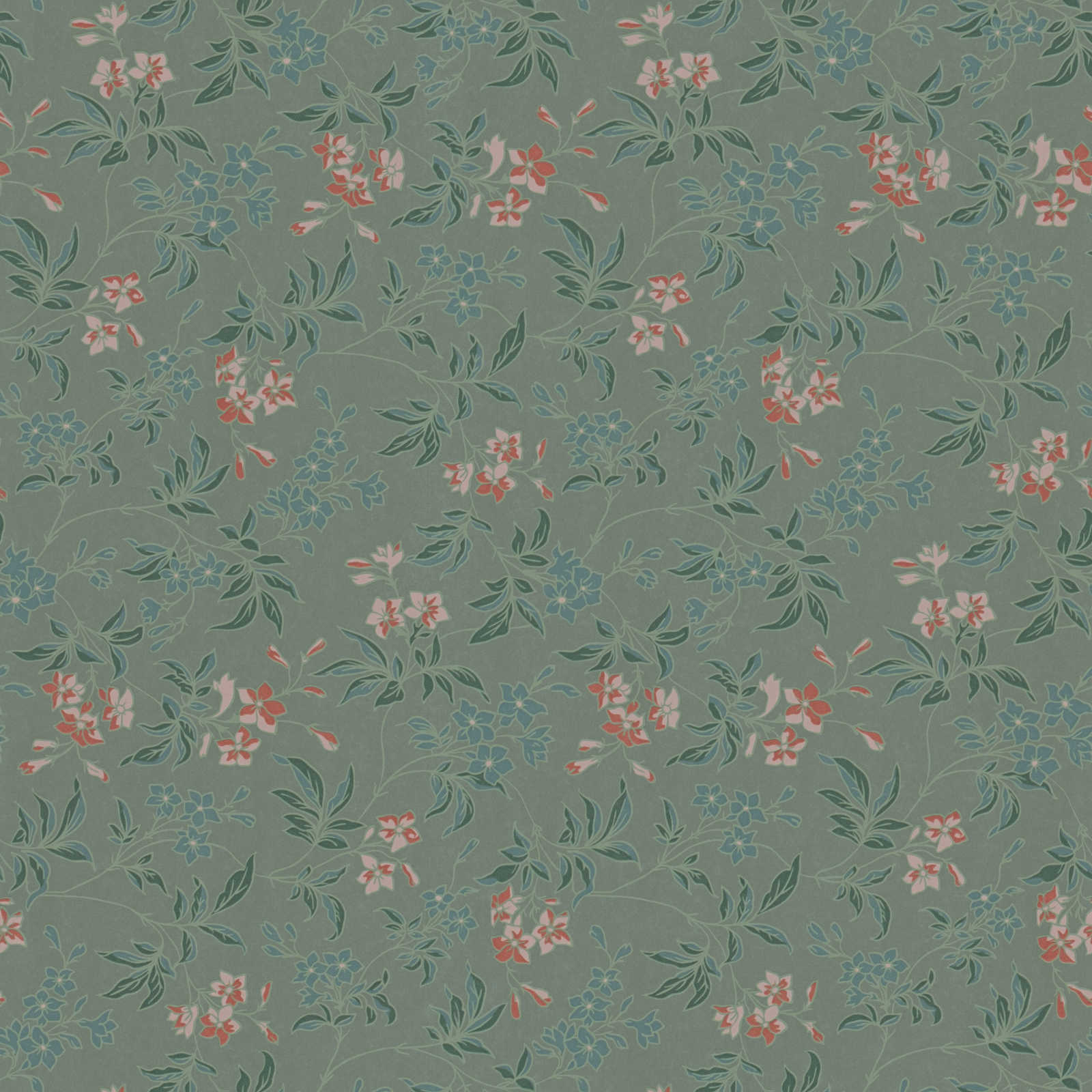         Floral wallpaper with flowers and vines - green, orange, pink
    