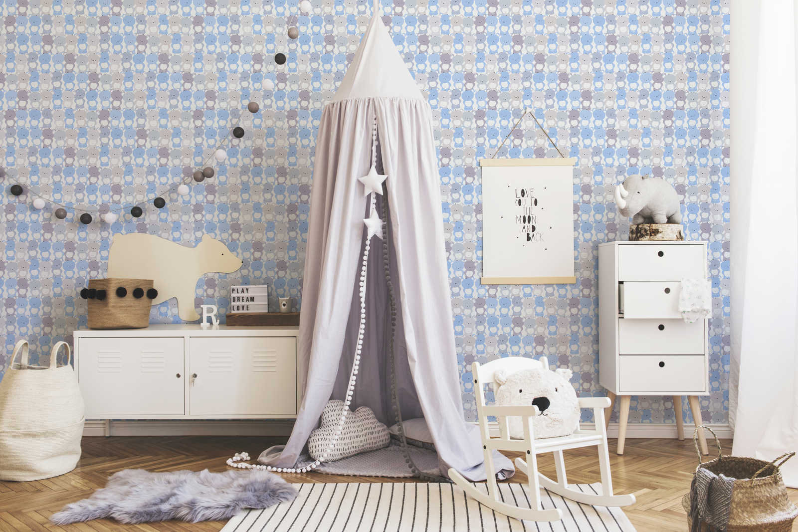             Papier peint enfant chambre garçon motif ourson - bleu, gris , blanc
        
