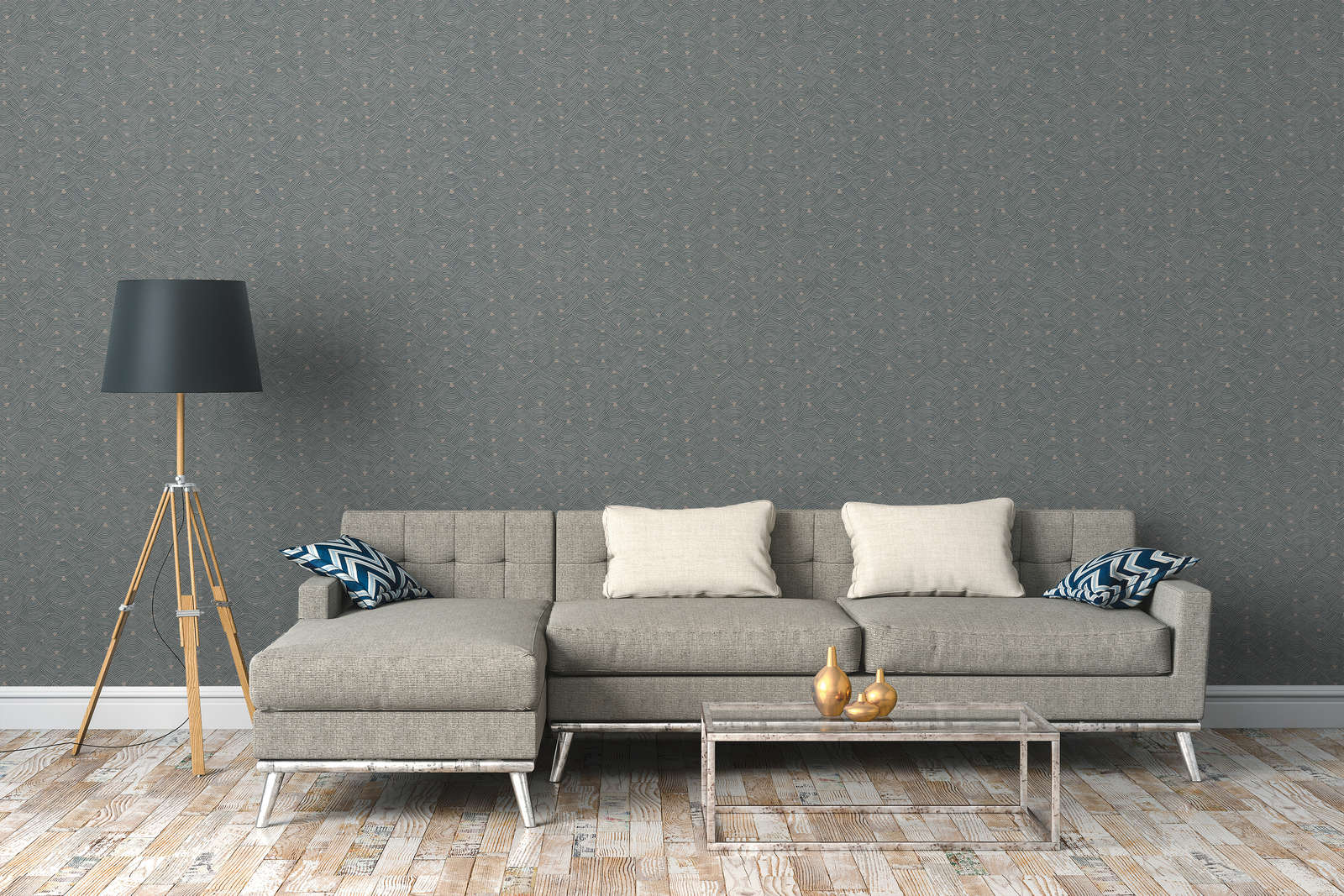             Vliesbehang ethno design met mand look - blauw, grijs, beige
        