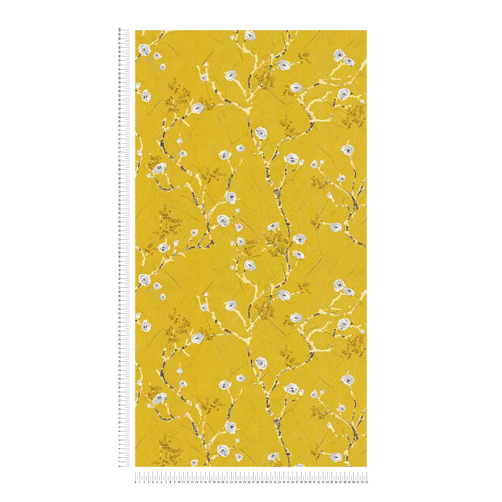             Yellow wallpaper with flowering branches in drawing style
        