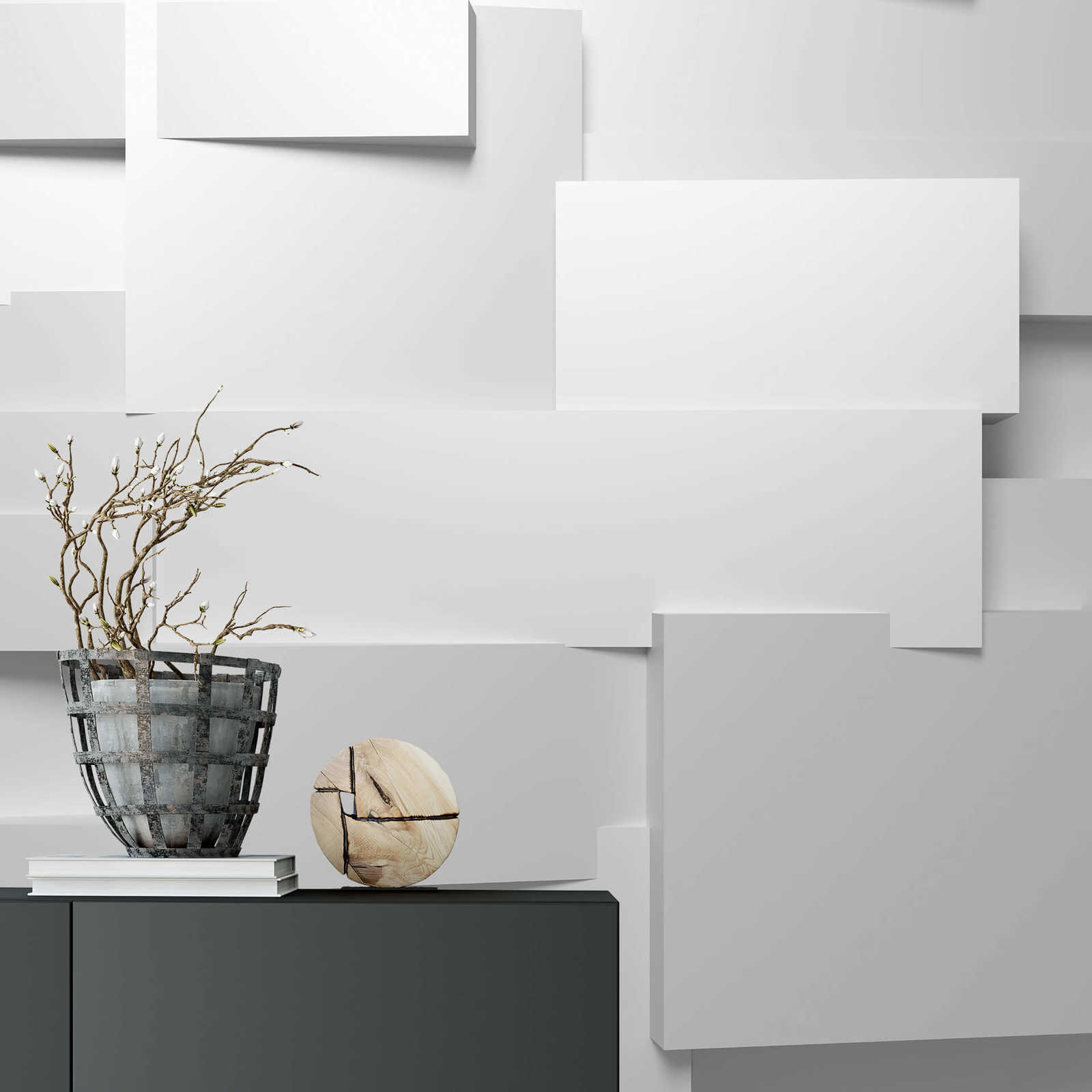             Muurschildering 3D Grafisch effect, staand formaat - grijs-wit
        
