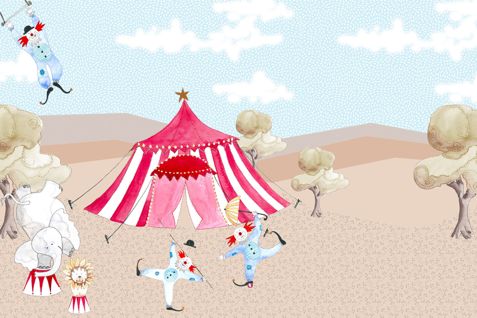             Papier peint panoramique enfants dessin chapiteau de cirque avec artistes sur intissé lisse mat
        