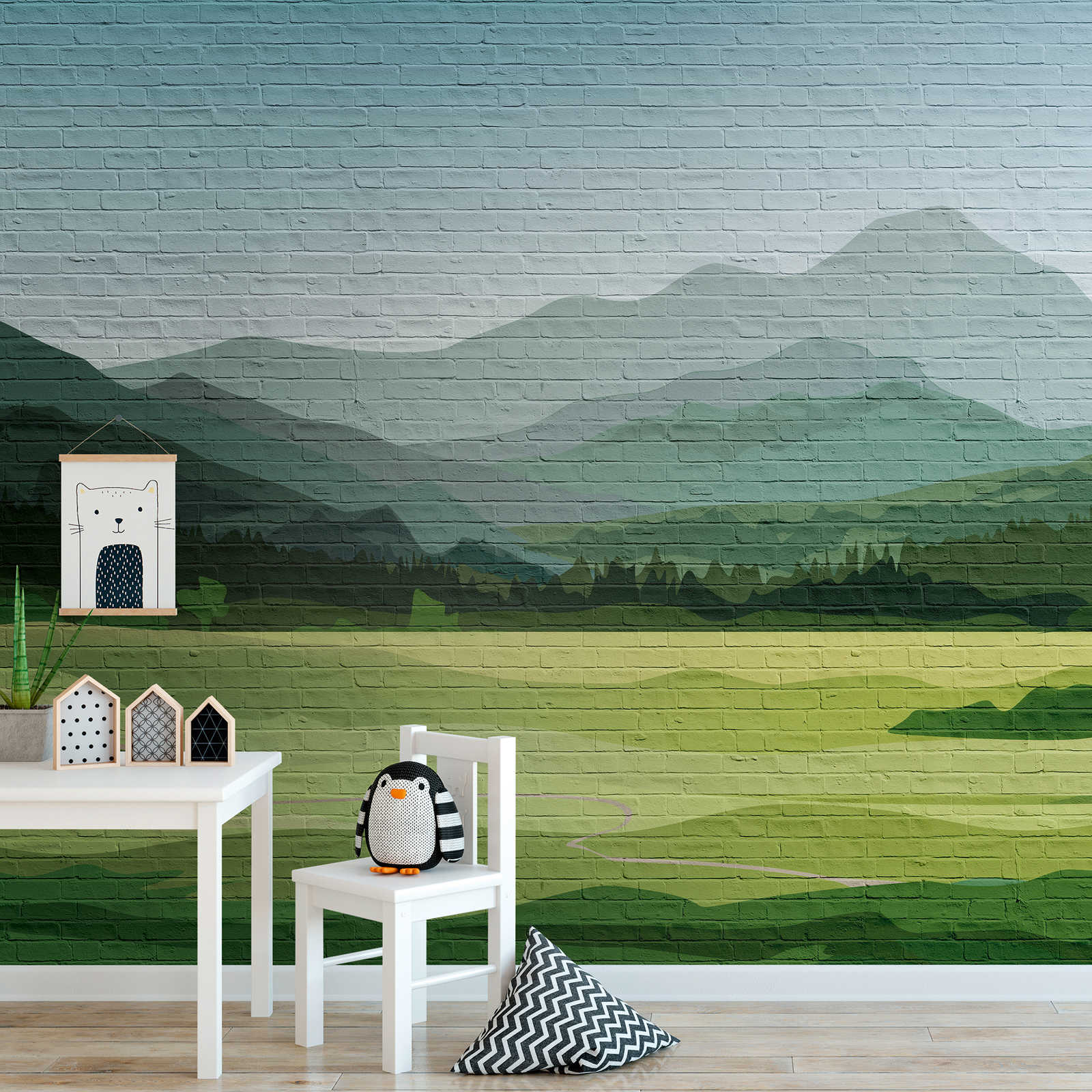 Wallpaper novelty | masonry motif wallpaper with mountain landscape
