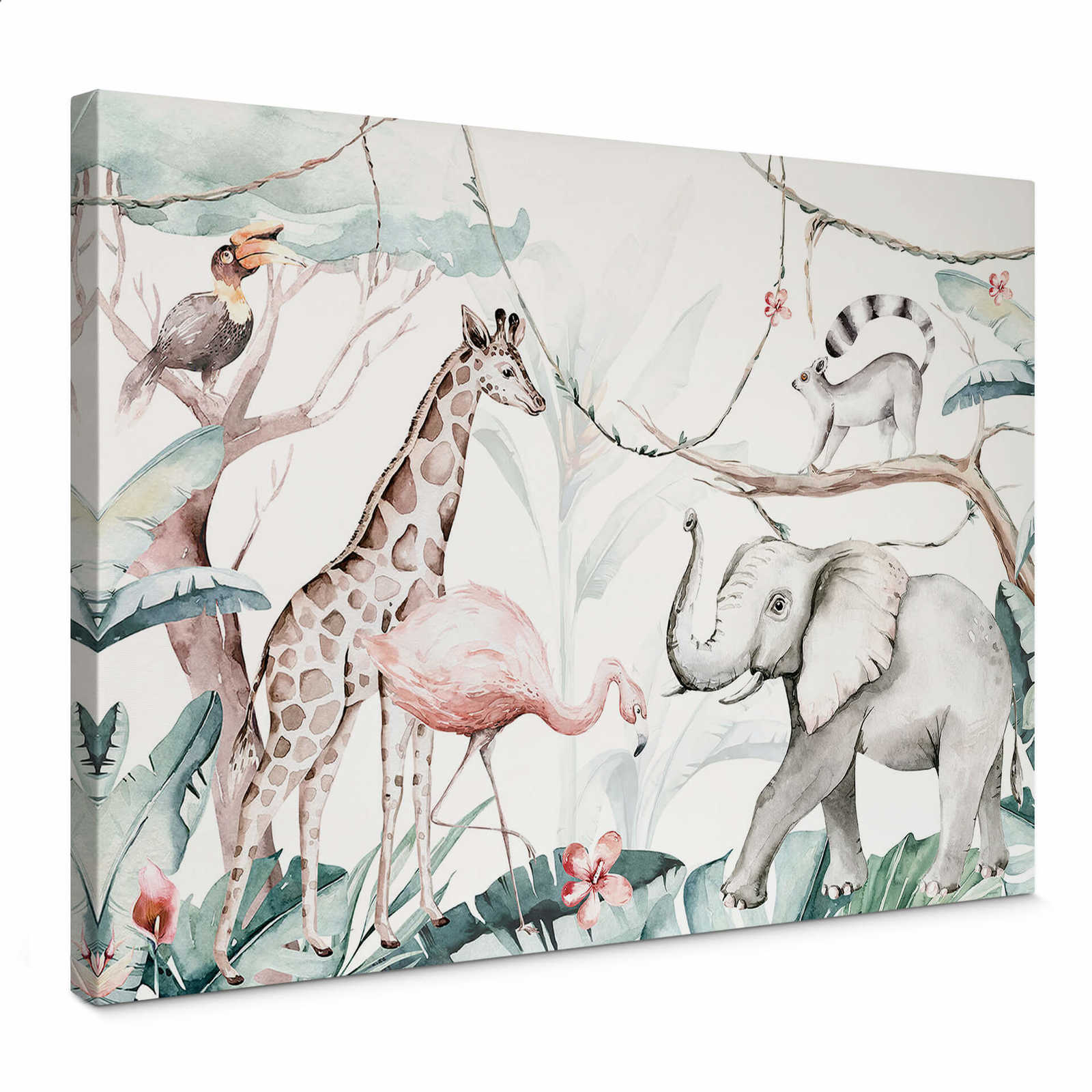 Tableau sur toile pour enfants Animaux de la jungle aquarelle de Kvilis - 0,70 m x 0,50 m
