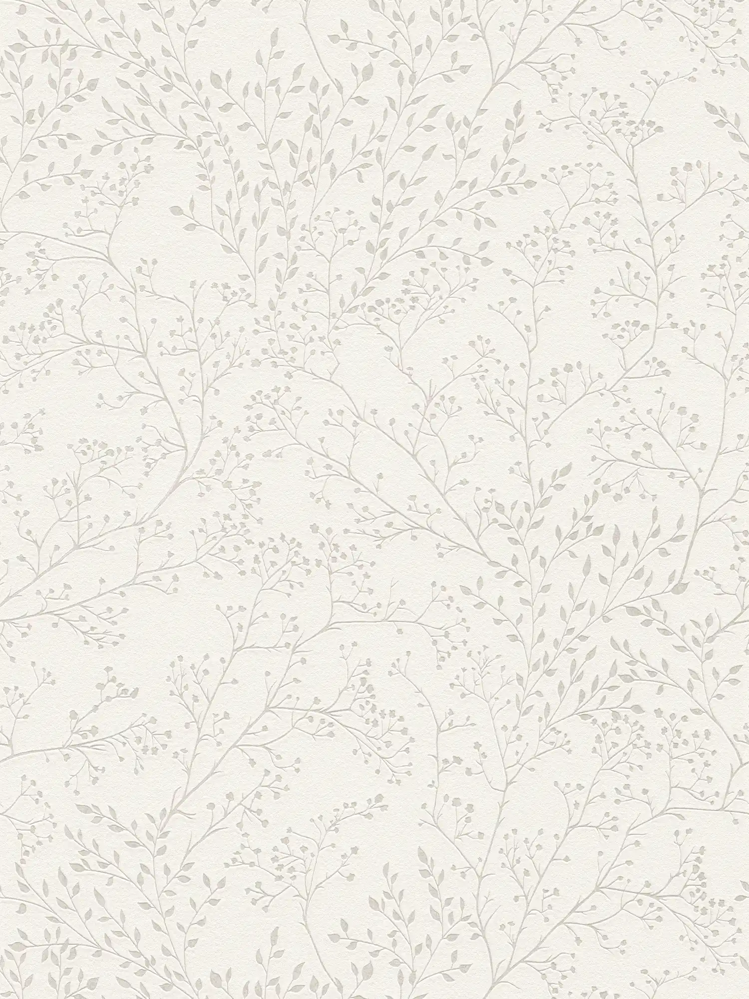 Papel pintado liso blanco crema con diseño de hojas, efecto de brillo y textura
