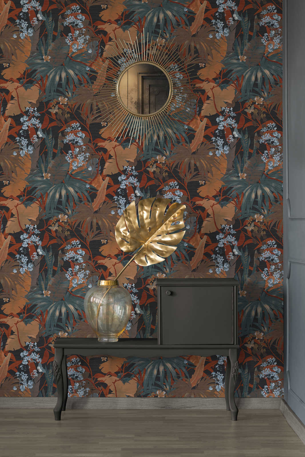             Jungle wallpaper with leaf pattern - orange, blue
        