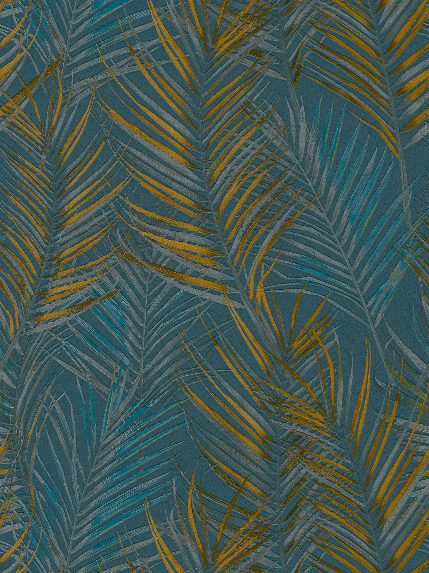 Papel pintado con motivo de la selva con hojas de palmera - azul, amarillo, petróleo
