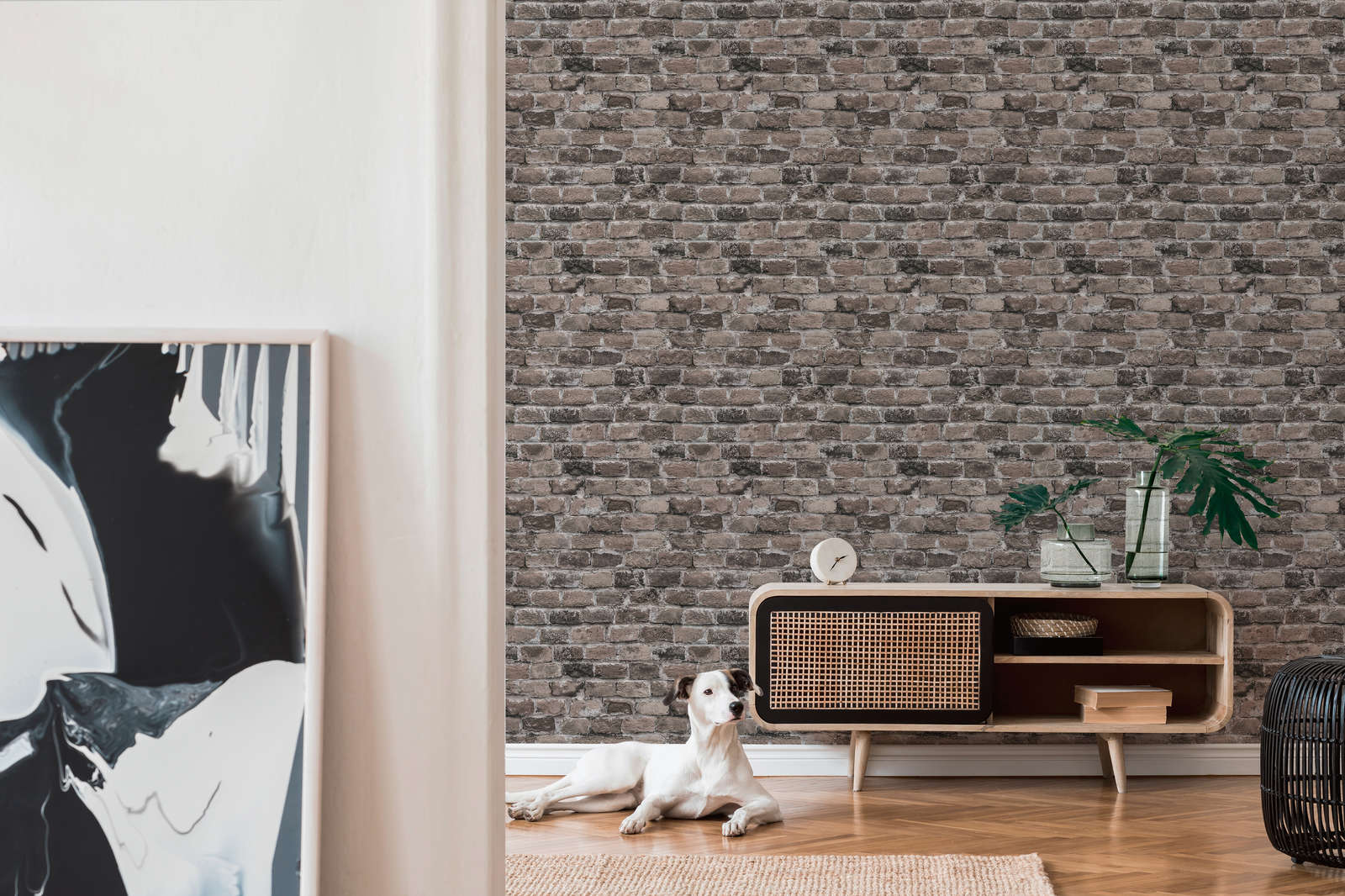             Brick wall non-woven wallpaper - grey, brown, beige
        